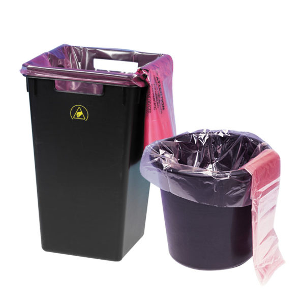 Static dissipative waste bins and bags
